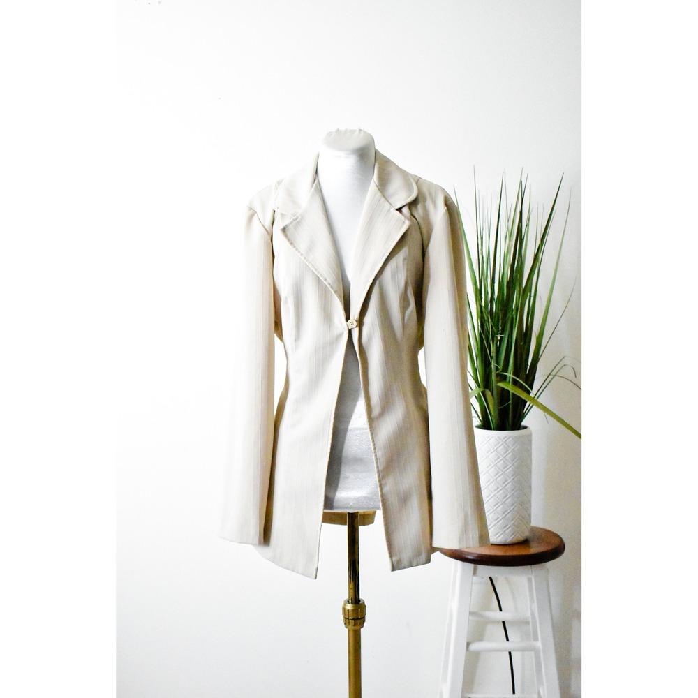 Breakin' Loose Pinstripe Blazer Womens 12 Cream 90s Vintage Tie Back Jacket